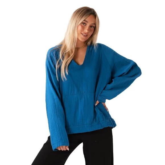 NWT Lotus and Luna Large Cobalt Baja Pullover 100% Cotton Hooded Lightweight - Picture 1 of 9